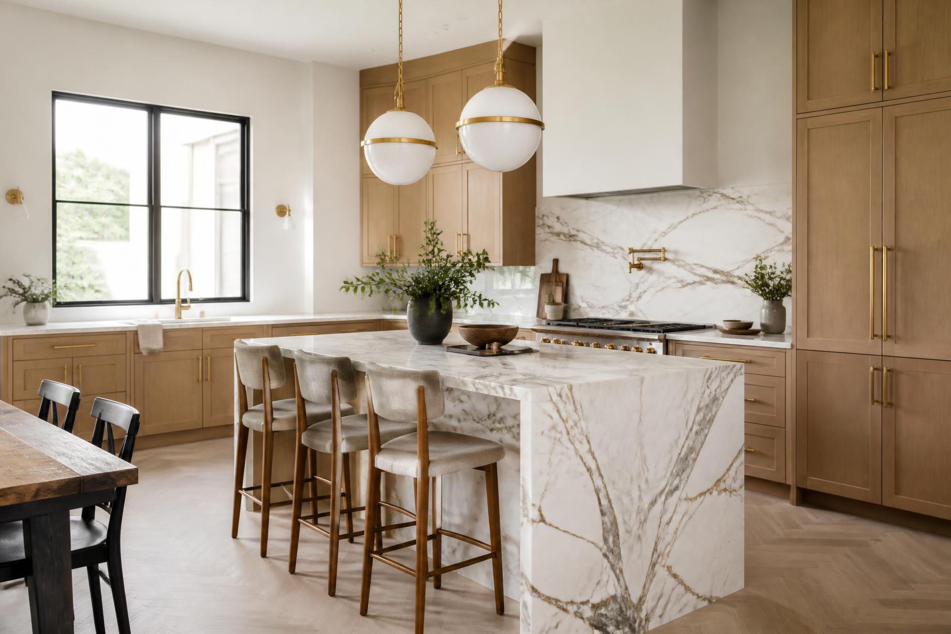 Custom white oak kitchen cabinetry with marble island built by A & T Custom Cabinets in Glendale, CA