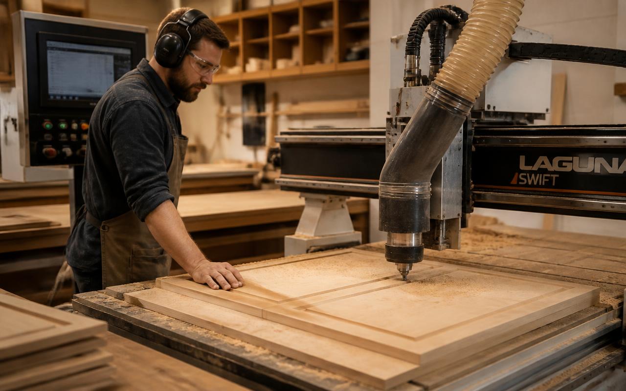 Cabinetmaker operating a CNC router to precisely cut cabinet doors in the Glendale shop