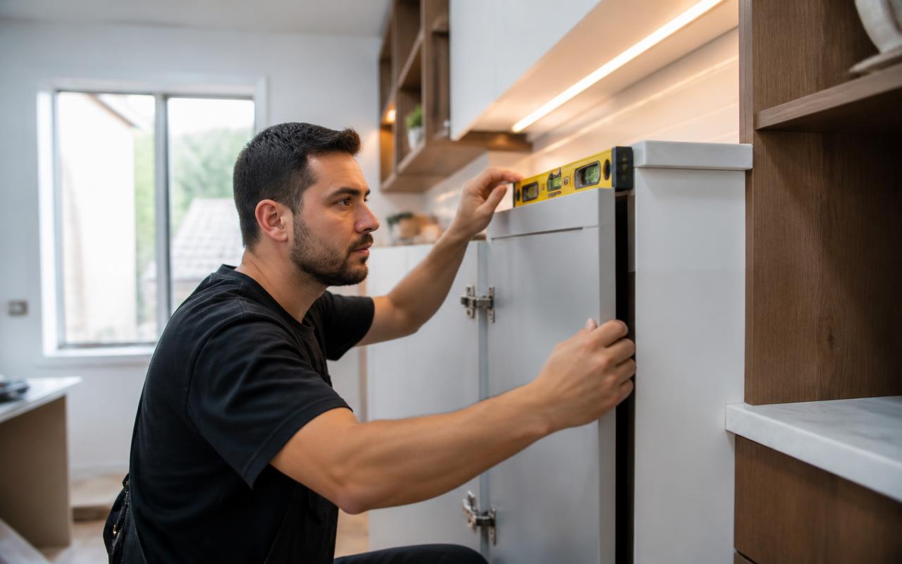 Installer leveling a cabinet door during a kitchen installation in a Los Angeles home